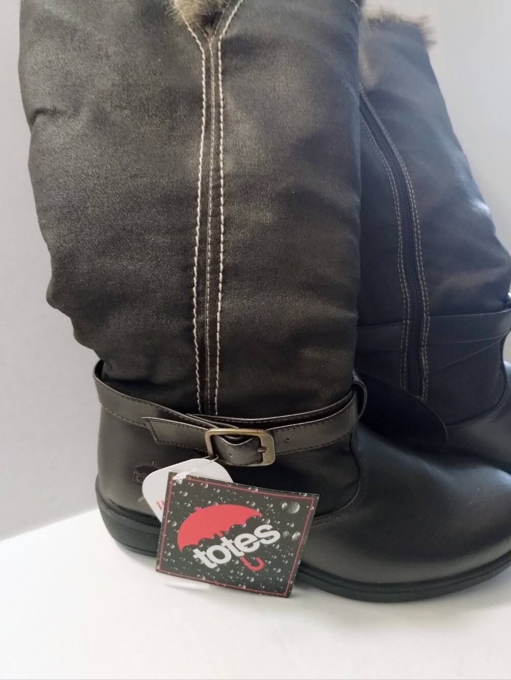 Totes Women's Brown Mid-Calf Winter Boots with Faux Fur Trim